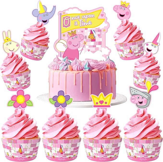 Treasures Gifted Officially Licensed Princess Peppa Pig Birthday Party Supplies - Peppa Pig Cake Toppers & Decorations - 1 Cake Topper & 24 Cupcake Toppers & Wrappers