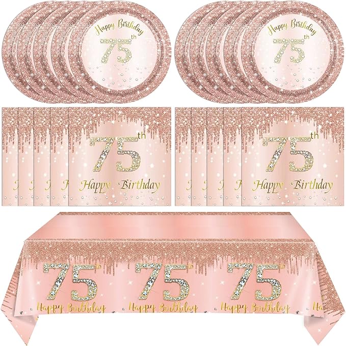 41pcs 75th Birthday Decorations for Women Rose Gold 75th Birthday Party Plates Napkins and Tablecloth Happy 75 Year Old Disposable Party Tableware Kit for 75th Birthday Anniversary Party Supplies