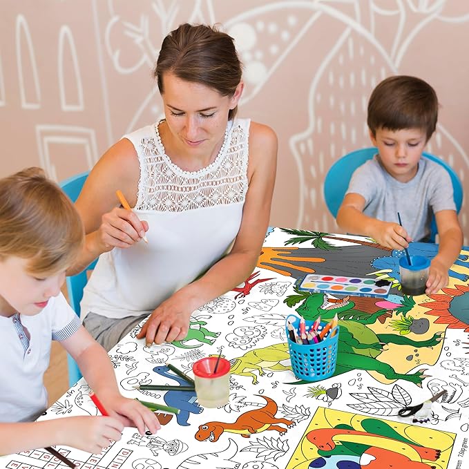 Dinosaur Coloring Tablecloth for Kids, Jumbo 30x72 Inch Poster with Dinosaurs, Volcanoes, Perfect for Boy Birthday Party Games, Decorations, Classroom Activities, Celebration Supplies