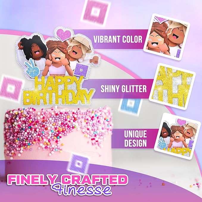 Happy Birthday Cake Toppers for Women – Vibrant & Glittery Gamer Cake Topper Decorations with Sturdy Cardboard – Easy-to-Install, Adjustable Women Birthday Party Decorations for a Festive Celebration