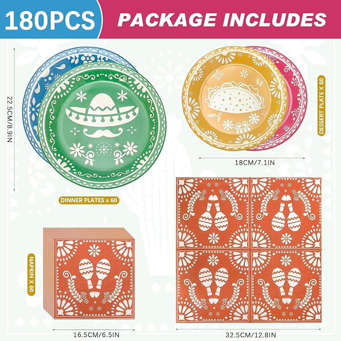 180PCS Mexican Fiesta Party Supplies - Serve 60, Cinco De Mayo & Mexican Fiesta Taco Birthday Party Decorations, Includes Dinner Plates, Dessert Plates, Napkins