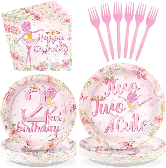 96Pcs Ballerina 2nd Birthday Party Supplies Pink Ballet Tutu Cute Birthday Plates and Napkins Tableware Set Ballerina Fairy Party Decorations for Girls Dancer Dancing Two Years Old Favors Serves 24 ﻿