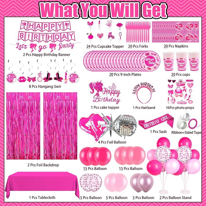 187Pcs Hot Pink Birthday Party Decoration Supplies, with 20 Plates Tableware Set and Birthday Banner Backdrop Foil Balloons Stand Cake Toppers Sunglasses Photo props Etc for Girls Women Party Decor