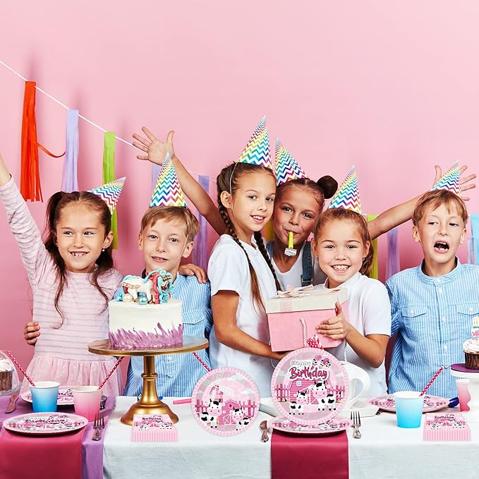 Wiooffen 96 Pcs Cow Birthday Party Supplies Cow Theme Birthday Tableware Set for Girls Pink Cow Print Themed Party Decorations Farm Animal Birthday Party Paper Plates Napkins Forks 24 Guests