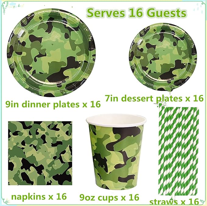 Camouflage Party Supplies Tableware Set Including Camouflage Paper Plates Cups Napkins Straws Serves 16 for Birthday Baby Shower Party