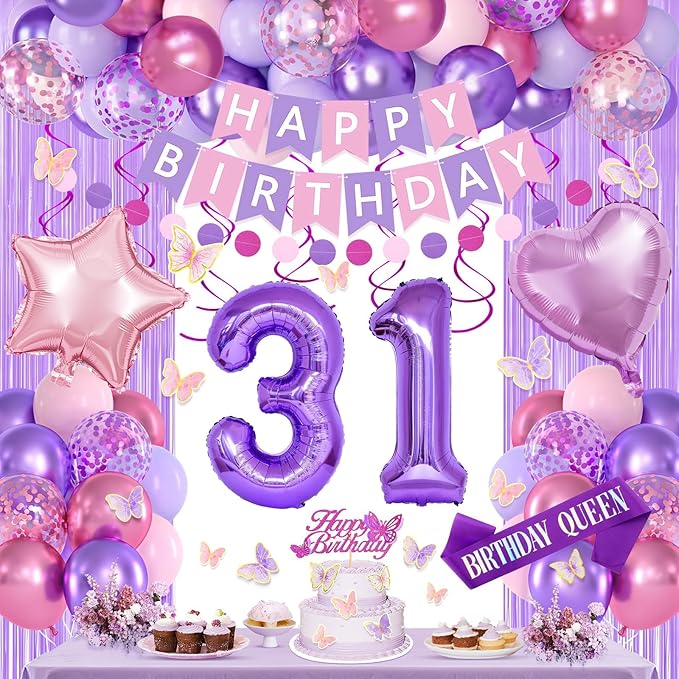 31st Purple Birthday Decorations for Women, Pink and Purple Happy 31 Birthday Party Decorations with Happy Birthday Banner, Number Foil Balloons, Butterfly Cake Topper for 31st Party Supplies