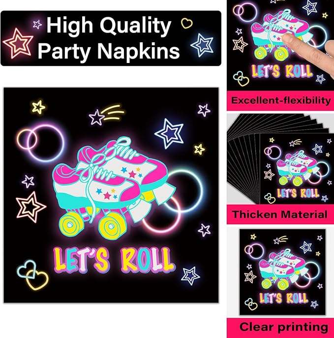 50 Guests Roller Skating Plates and Napkins Party Supplies Retro Roller Skate Party Decorations Disposable Tableware Set Let's Roll Dinnerware Favor for Boys Girls Teens Birthday, 200PCS