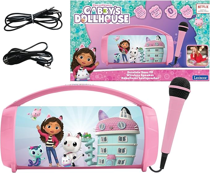 Lexibook, Gabby's Dollhouse, Wireless Light Speaker with Mic, Stereo Audio, Karaoke Function, USB and SD Card Ports, Rechargeable Battery, Handle to Take Everywhere, Pink, BTP585GDHZ