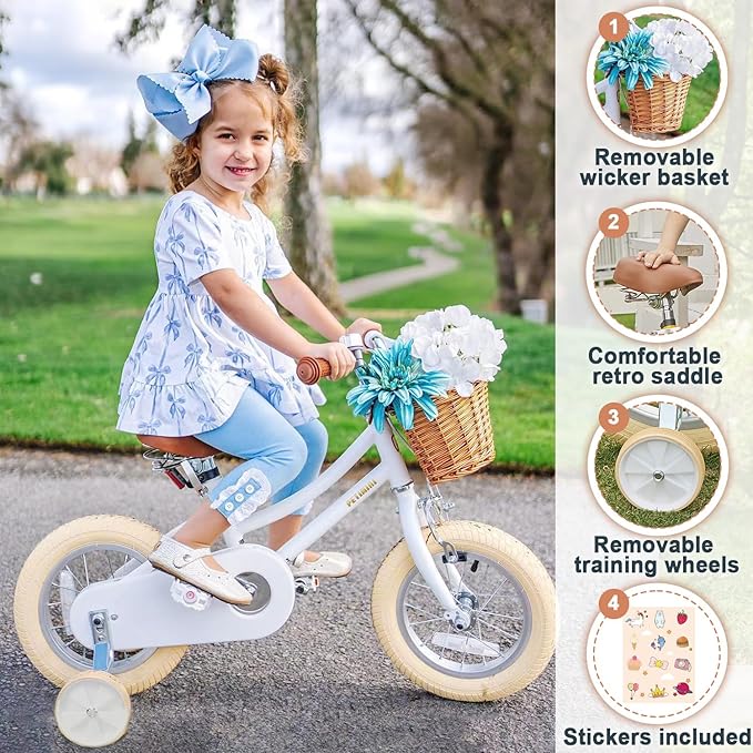 Petimini Vintage Kids Bike for Girls, 12–20 Inch Classic Bicycle with Wicker Basket & Bell, High Tensile Steel Frame, Training Wheels (12–18”), 85% Pre-Assembled, Retro Bike for Outdoor Riding
