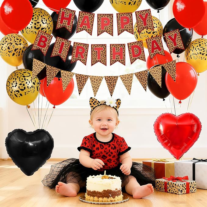 Red Black Leopard Birthday Decorations, Gold Cheetah Print Animal Balloons Black Red and Heart Balloons, Cheetah Happy Birthday Banner for Safari Wild Birthday Baby Shower Jungle Theme Party Supplies