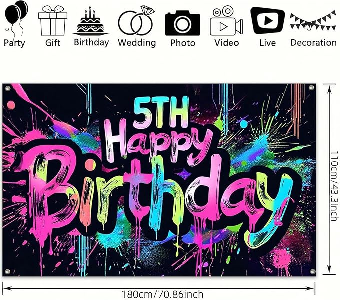 Neon 5th Happy Birthday Banner 71x43 Inch Paint Splatter Glow in The Dark Party Backdrop Colorful Wall Decor for Kids Boys Girls Fifth Birthday Celebrations Booth Props and Event Supplies