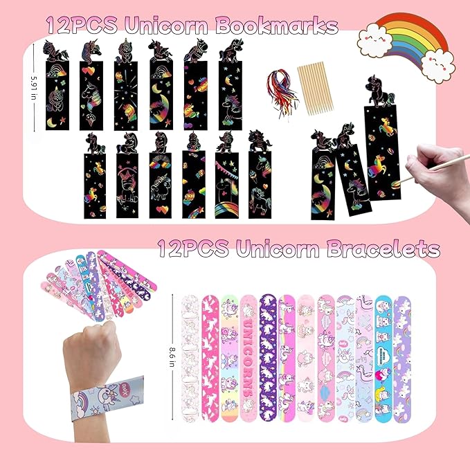 Unicorn Party Favors, 12 Pack Unicorn Birthday Party favors Supplies, Birthday Gifts Bags Coloring Books Slap Bracelets Stickers Bookmarks