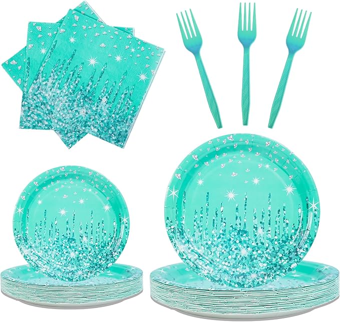 Teal and Silver Tableware Set for Happy Birthday Table Decorations Breakfast Blue Birthday Theme Dessert Plates Napkins Forks Silver Glitter Party Supplies for 25 Guest