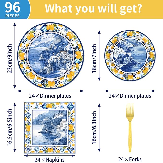 96 Pcs Amalfi Coast Party Decorations, Capri Lemon Plates and Napkins Tableware Set, Capri Lemon Party Supplies for Kids Birthday Baby Shower, Disposable Dinnerware Serve 24 Guests