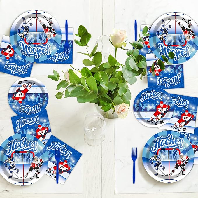 Wiooffen 96pcs Hockey Party Supplies Ice Hockey Birthday Party Plates Napkins Set Disposable Tableware Kit Birthday Party Sport Events Decorations Favors for Kids, Serve 24