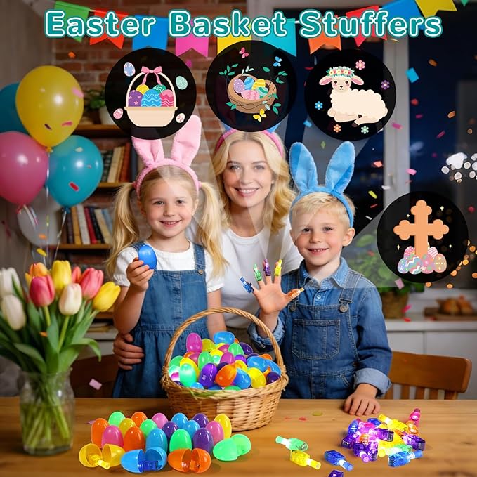 36 Pcs Prefilled Easter Eggs with LED Finger Lights Toys, Easter Party Favors Basket Stuffers for Kids, Easter Egg Hunt, Goodie Bag Fillers, Classroom Prize Supplies, Party Games