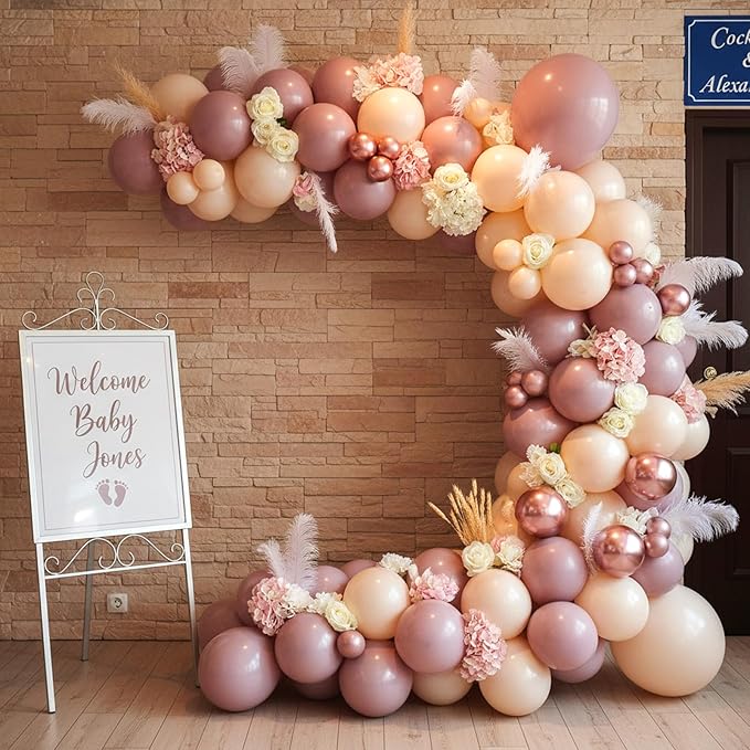 RUBFAC Dusty Pink Balloons 129pcs Different Sizes Pack of 18 12 10 5 Inch, Latex Boho Blush Pink Balloon Garland Arch Kit for Baby Shower Engagement Bachelorette Wedding Birthday Party Decorations