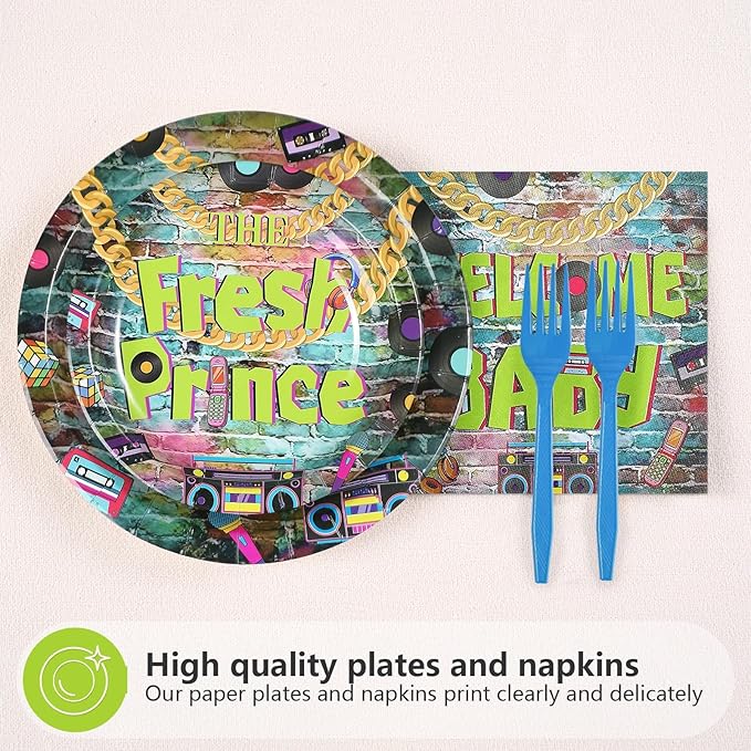 96Pcs Fresh Prince Baby Shower Party Decorations 90s Hip Hop Graffiti Plates and Napkins Disposable Vintage Themed Tableware Set for 90s Fresh Prince Boys Baby Shower Birthday Party Supplies Serves 24