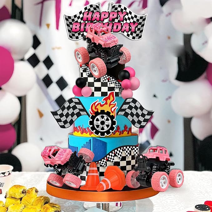 20PCS Pink Truck Cake Decoration 3 Off-road Vehicle Cake Top Decoration Deep Pink Peach Black Balls Truck Themed Party Supplies