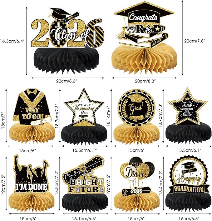 10PCS Graduation Party Decorations Class of 2026 Congrats Grad Table Centerpieces Congratulate Graduation Honeycomb Table Toppers for Graduation Party Supplies(Black Gold)