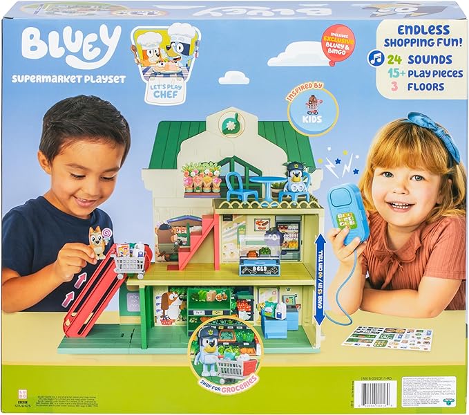 Bluey and Bingo Supermarket Playset with Escalator, Pretend Play Toys for Toddlers, Sounds and 15 Pieces, Bluey Grocery Store Playset