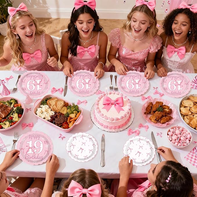 96Pcs Pink Bow Party Supplies Coquette 19th Birthday Party Plates and Napkins Disposable Bow Themed Tableware Set for Girl Happy 19th Birthday Baby Shower Decorations, Serves 24