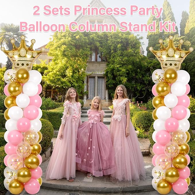 2 Sets Princess Party Balloon Column Stand Kit With 102 Crown Foil Balloons 5.57Ft Adjustable Balloon Tower Stand With Base Pink and Gold Arch Column for Girls Birthday Baby Shower Party Supplies