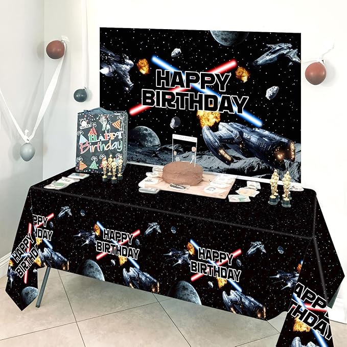3 Pieces Space Battleship Wars Themed Birthday Party Decorations Tablecloth, Large Size 54 x 108 Inch Rectangular Plastic Table Cloth Star Galaxy Universe Starship for Boys Kids Party Decorations