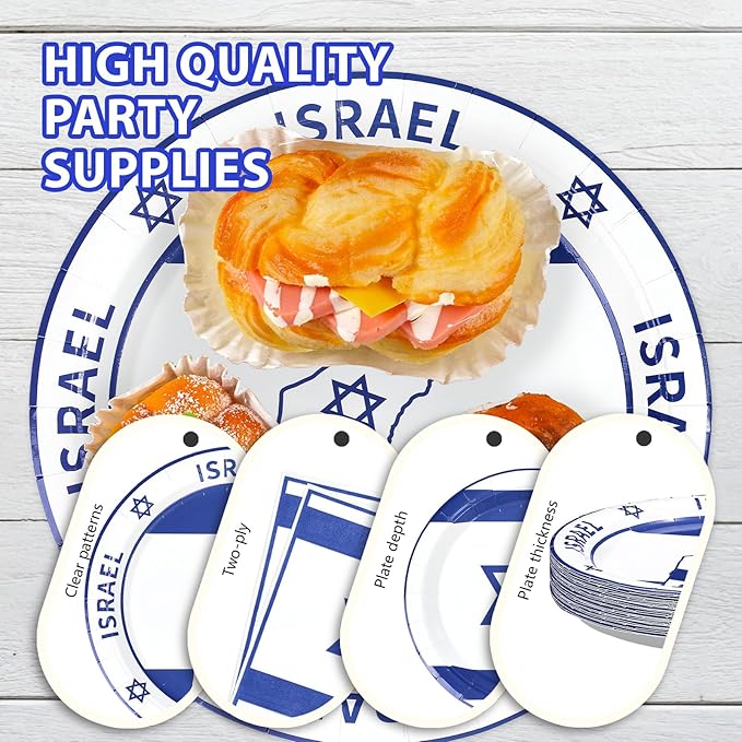 96Pcs Israel Flag Party Supplies Israeli Flag Plates and Napkins Blue and White jewish Flags Tableware Set for Israeli Independence Day Jewish Patriotic Holiday Party Supplies，Serves 24
