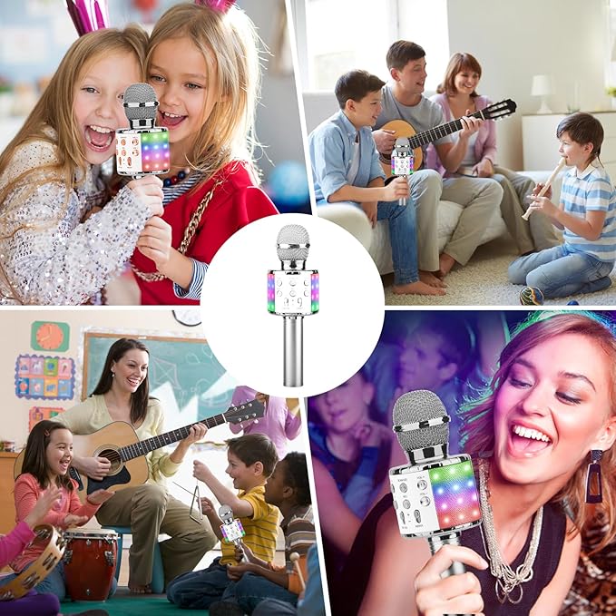 ShinePick Karaoke Microphone, 4 in 1 Wireless Microphone with LED Lights Handheld Portable Karaoke Machine, Home KTV Player, Compatible with Android & iOS Devices (Silver)