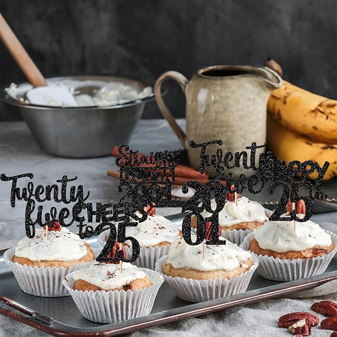 30PCS Black 25th Birthday Cupcake Toppers Glitter Twenty Five Happy 25th Straight Outta 2001 Cupcake Picks for Cheers to 25 Years Birthday Anniversary Party Cake Decorations Supplies