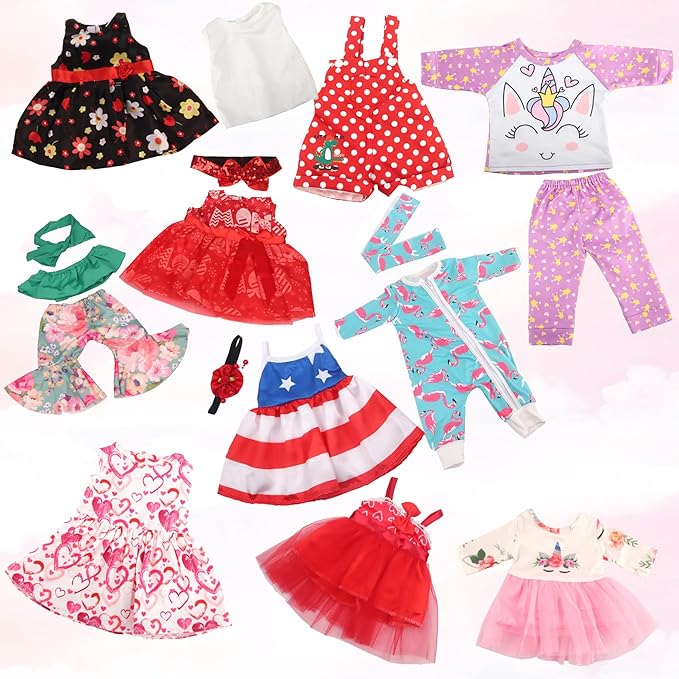 MSYO 10 Sets Doll Clothes for 17 - 18 Inch Dolls, Diverse Outfits (Floral, Polka Dot, Unicorn) & Accessories, Fashion Dress - Up Set for Girl Doll Play & Gifting