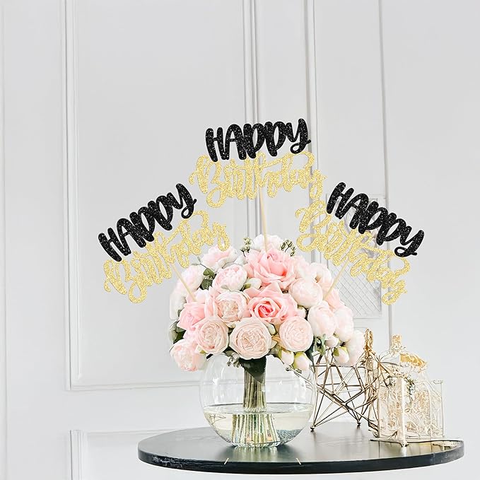 Gyufise 12Pcs Happy Birthday Centerpieces Sticks Double Sided Glitter Birthday Party Decorations Anniversary Table Flower Centerpiece for Celebrating Party Supplies Black Gold