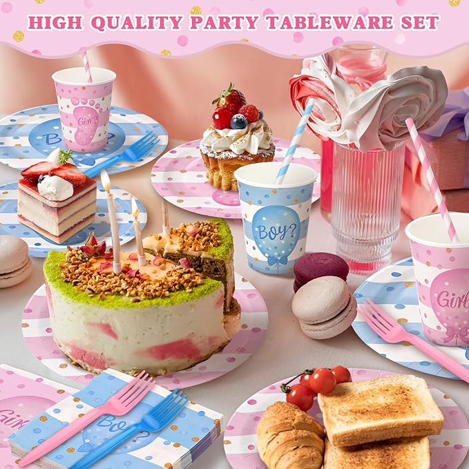 300Pcs Gender Reveal Plates and Cups and Napkins Sets with Forks and Straws, Party Supplies, Pink and Blue Plates, He or She Baby Gender Reveal Decorations, Boy or Girl (Serves 50)
