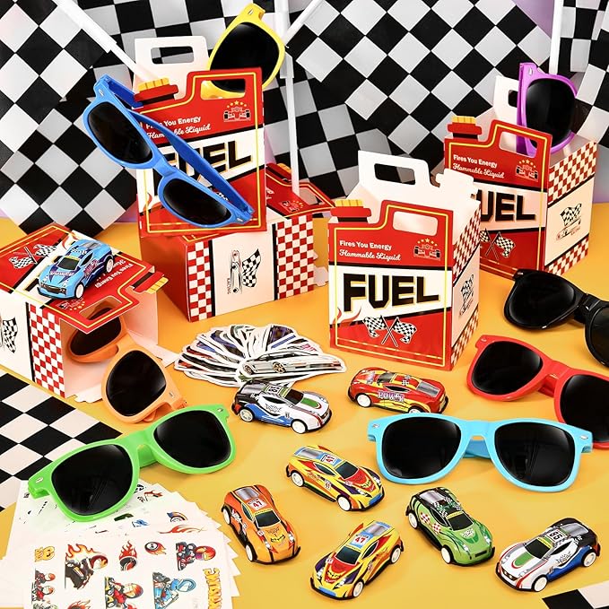 120Pcs Race Car Party Favors Birthday Supplies, Gift Box Sunglasses Flag Mini Race Car Sticker Birthday Goodie Bag Stuffers Racing RaceCar-Themed Party Supplies Decorations for Boys Kids 3-5 4-8