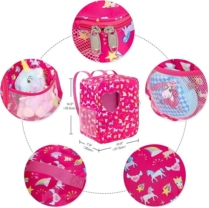 K.T.Fancy 7 PCS 18 inch Dolls Bag Carrier Set and Accessories Including Clothes, Shoes, Sunglasses, Doll Backpack and Toy Unicorn (NO Doll)