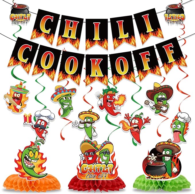 Chili Cook Off Decorations Include Chill Cook Off Banner Chili Hanging Swirls Honeycomb Centerpieces Chili Contest Tasting Competition Theme Party Supplies