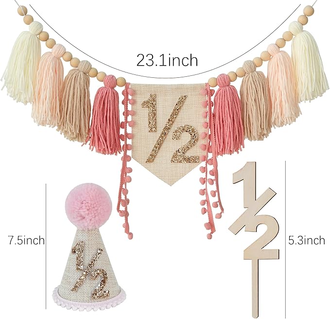 1/2 Pink Baby Girl Birthday Highchair Banner Wood Bead Tassel Garland Half Birthday Conical Cap Wooden Cake Topper Happy Half Year Party Photoshoot Props