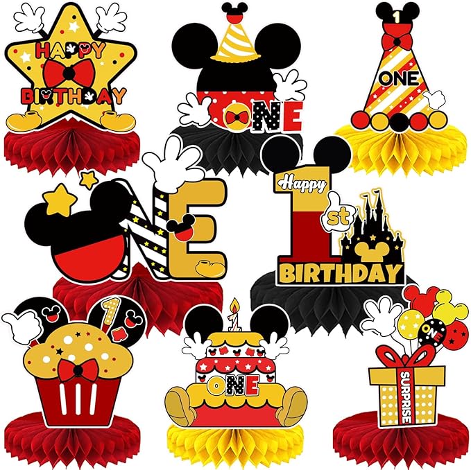 Mouse Table Honeycomb Centerpieces,Cartoon Mouse Themed Table Topper Decor One Year Old Birthday Party Supplies(8 Pcs)