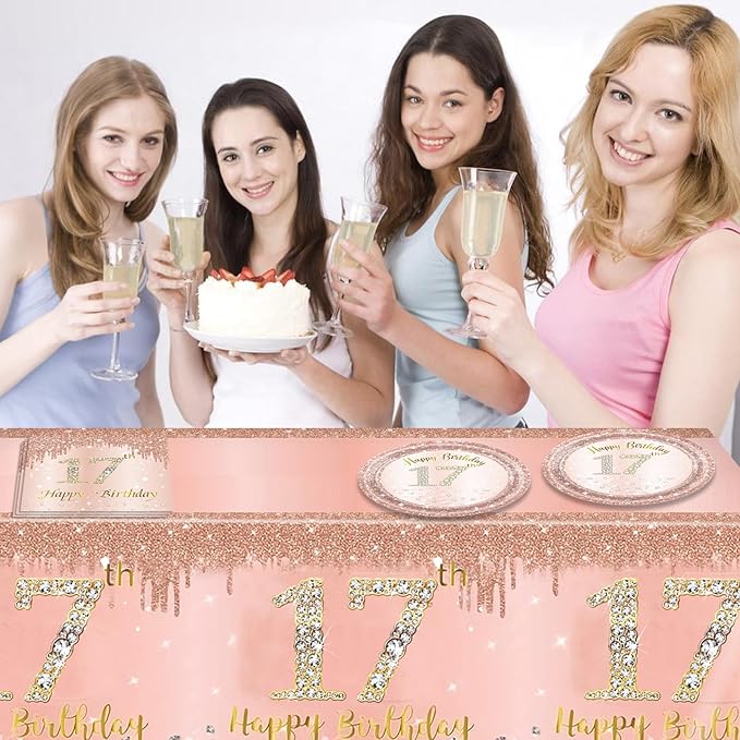 41PCS 17th Birthday Decorations for Girls,Rose Gold 17th Birthday Plates and Napkins,Tablecloth Kit Disposable 17th Birthday Paper Tableware Set for Girls 17 Years Old Birthday Party Supplies