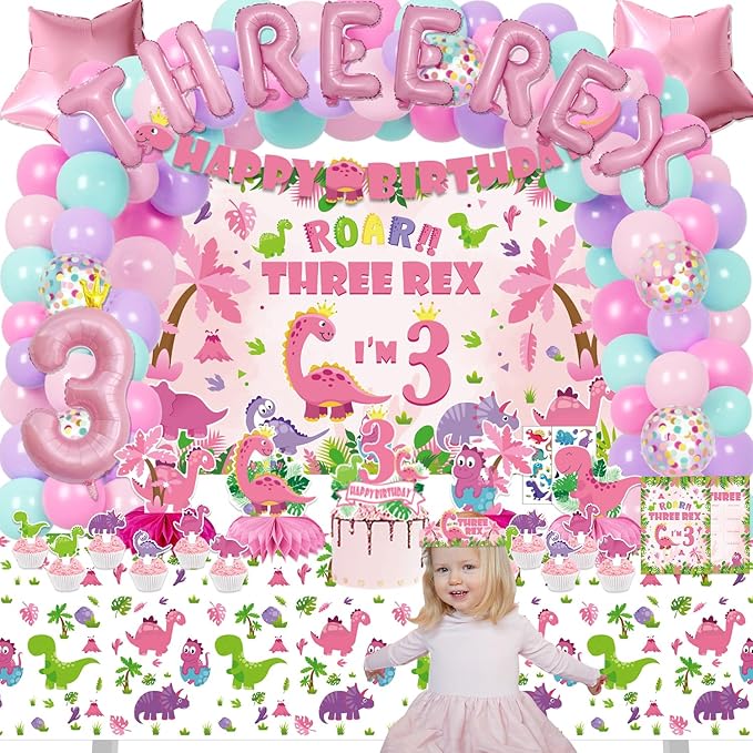 Pink Dinosaur Birthday Decorations for 3 Year Old Girls, 134 Pcs Three Dino Rex Girl Dinosaur Party Supplies for Girl - Backdrop, Toppers, Tablecloth, Centerpieces, Banner, Crown, Poster