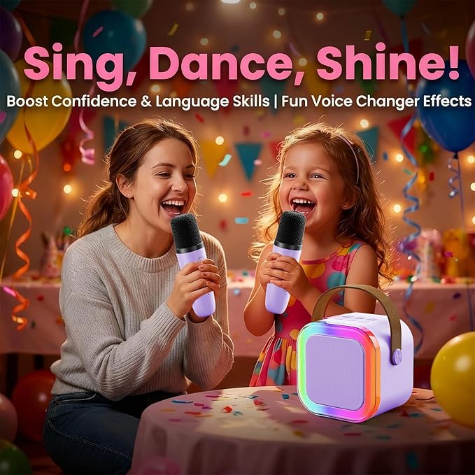 Mini Karaoke Machine for Kids: Voice Changer Bluetooth Karaoke Speaker with 2 Wireless Microphones - Birthday Gifts for 4 5 6 7 8+ Year Old Girls