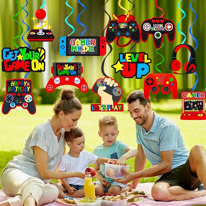 umoni Video Game Birthday Hanging Swirls Red Video Game Party Decorations 20Pcs On Ceiling Streamers Gaming Birthday Party Hanging Decorations or Level Up Baby Shower Supplies