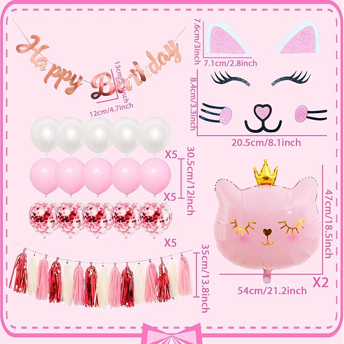 Cat Birthday Party Decoration Kitty Cat Balloons Cat Kitty Birthday MEOW Banner Meow Party Supplies Pink Cat Kitty Cake Decoration