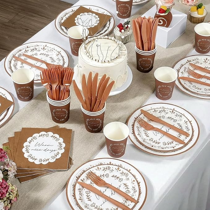 144Pcs Boho Birthday Party Supplies Decorations Brown Flower Paper Plates Napkins Vintage Party Tableware Disposable Dinnerware Set for Birthday Baby Shower Table Decor, Serve 24