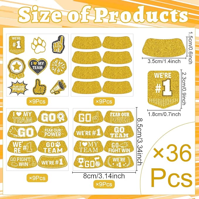 Gameza Yellow Face Glitter Eye Black Stickers, 36PCS Football Baseball Breathable Eye Stickers, Soccer Face Sticker Party Favors for Adults Lacrosse Fans, Spirit Day Accessories (Glitter, Yellow)