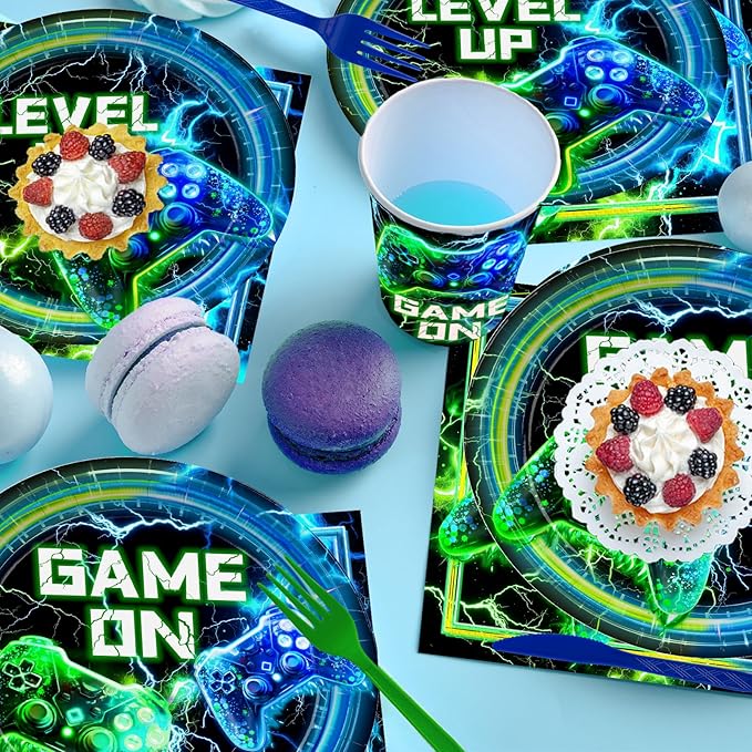 168PCS Video Game Birthday Party Decorations Blue Video Game Level Birthday Plates and Napkins Tableware Sets for Gamer Gaming Party Favors Serves 24