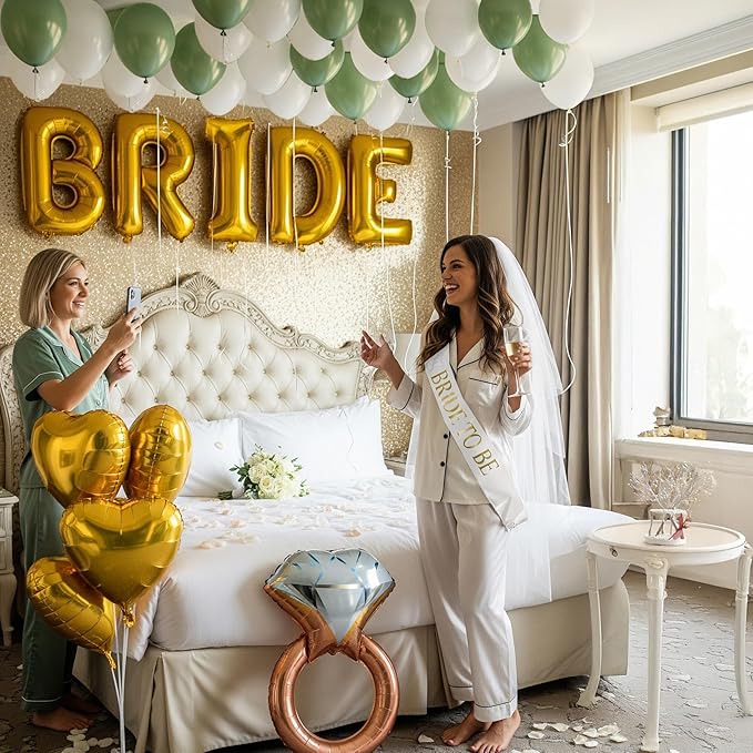 Sage Green Bridal Shower party decorations with HUGE 40 Inch BRIDE letter gold Balloons BRIDE to be Sash Bridal Veil Diamond Ring Heart shape Balloons For Bachelorette party Wedding supplies
