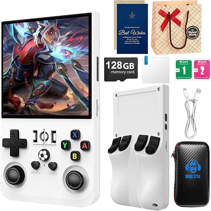 R36MAX Retro Handheld Game Console,4.0" HD IPS Screen,Open Source Linux System,21000+Preloaded Games,128GB Memory,4000mAh Battery Portable Gaming with Gift Card & Premium Bag (White 128Gb)