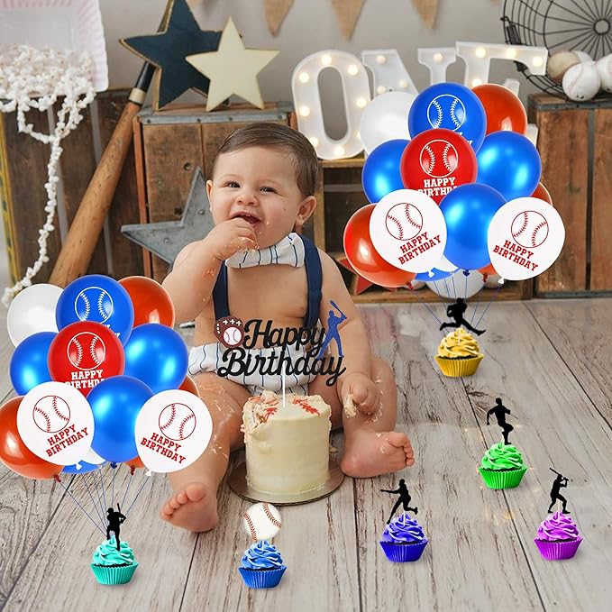53 PCS Baseball Party Decorations Baseball Party Supplies Including Happy Birthday Banner Balloons and Baseball cake toppers for Sports Theme Birthday Party and Baseball Theme Party Decor